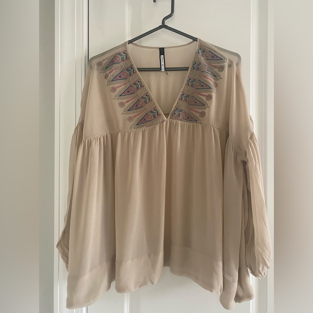 Anthropologie Plenty By Tracy Reese Boho embroidered Blouse Tan See Pic Measures